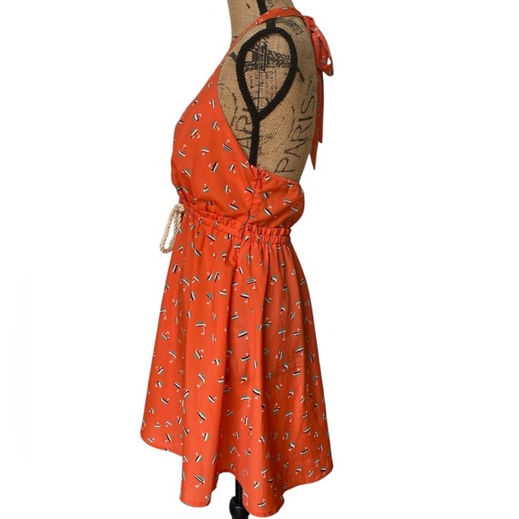 Mustard Seed Sailboat Print Orange Tie Neck Halter Mini Skater Dress Medium - Picture 6 of 11
